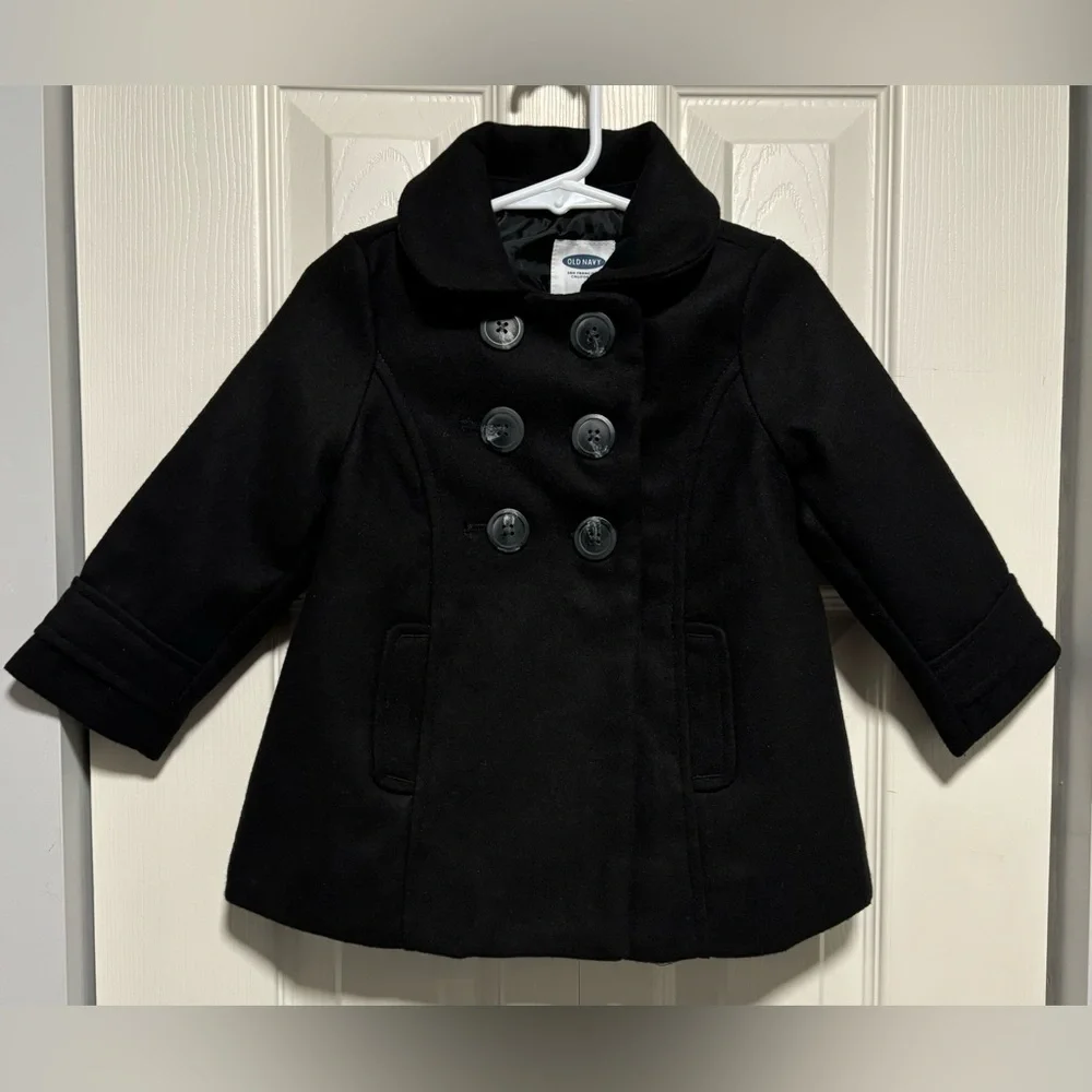 Old Navy Girls Black Double-Breasted Peacoat Wool-Blend Coat  Size 18-24 months